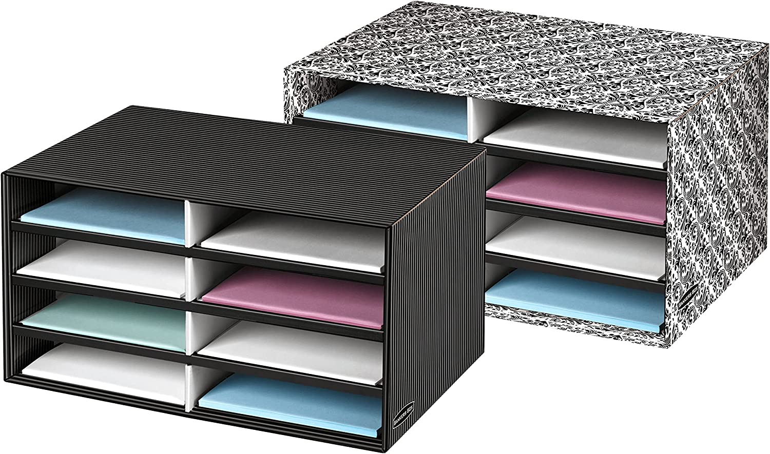 Bankers Box Decorative Eight Compartment Literature Sorter, Letter, Black/Gray Pinstripe (6170301)