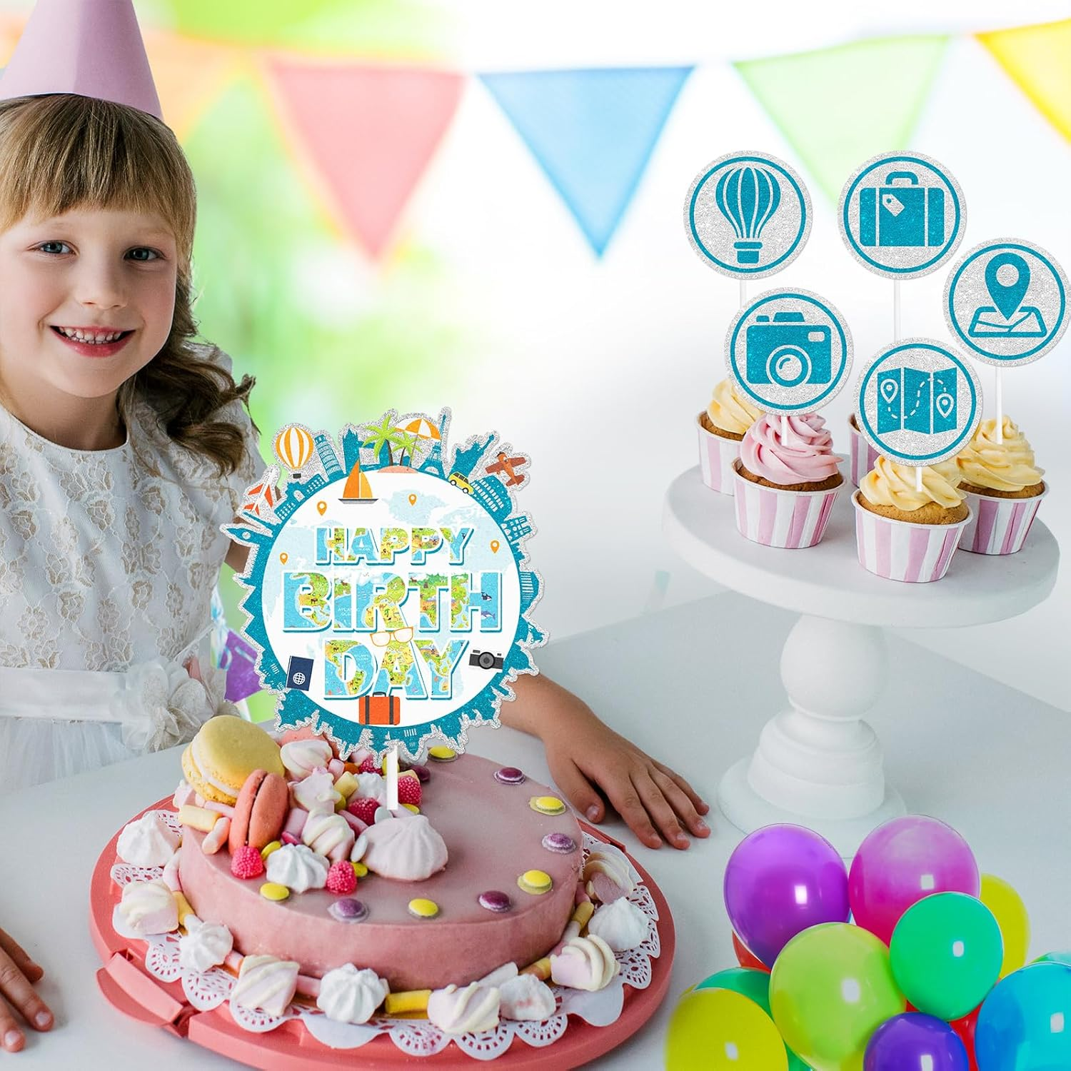 Travel Birthday Themed Happy Cake Topper 7-Piece Set - Adventure Waiting Party, Travel around the World Party, Retirement Party Suitcase, Airplane Decoration.Wish Bon Voyage - LIANGSS image number 6