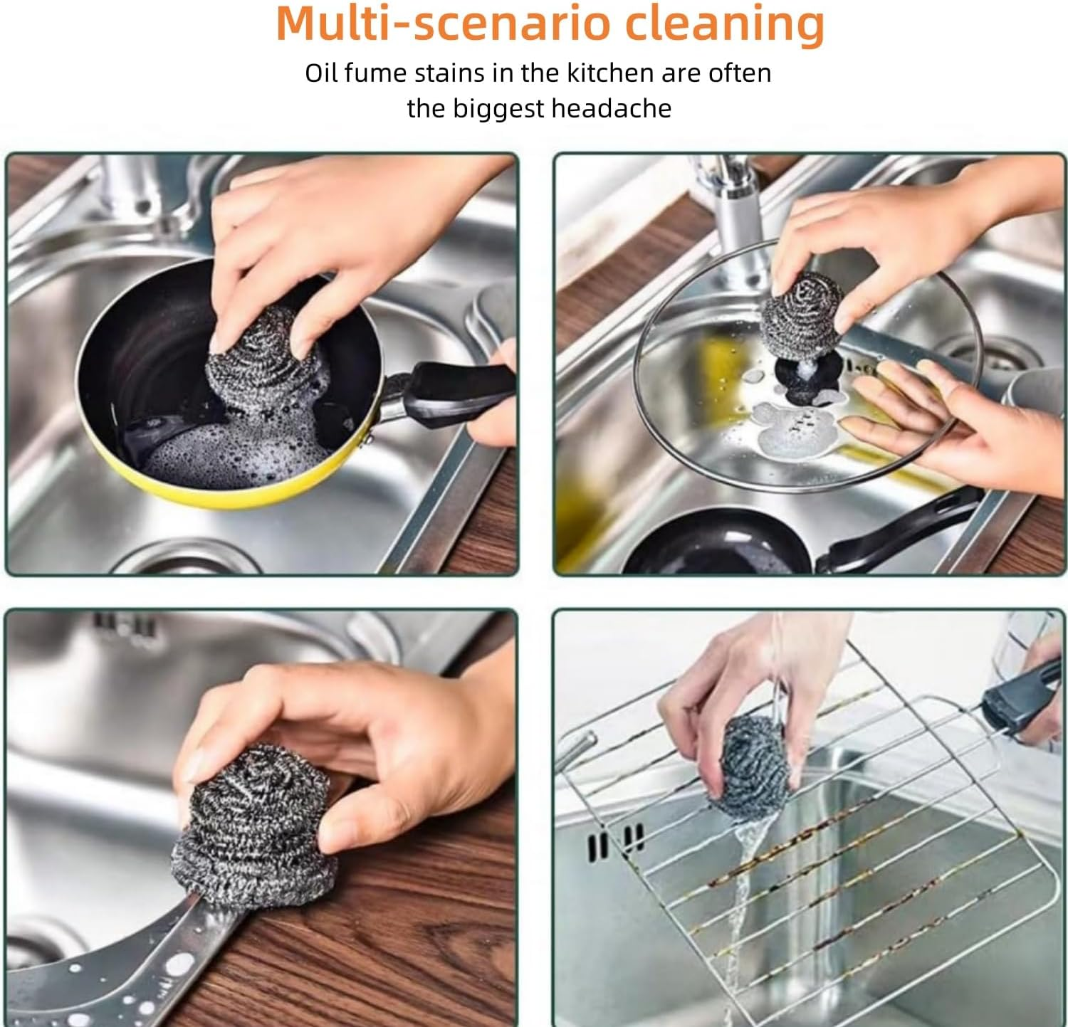 6Pcs Stainless Steel Scrubbers, Steel Wool Scourers Scouring Pads Metal Sponges, Easy Scouring Grease Dirt Oil Rust for Dishes,Pans,Pots,Ovens,Grills,Sinks,Easy Scouring for Tough Kitchen Cleaning