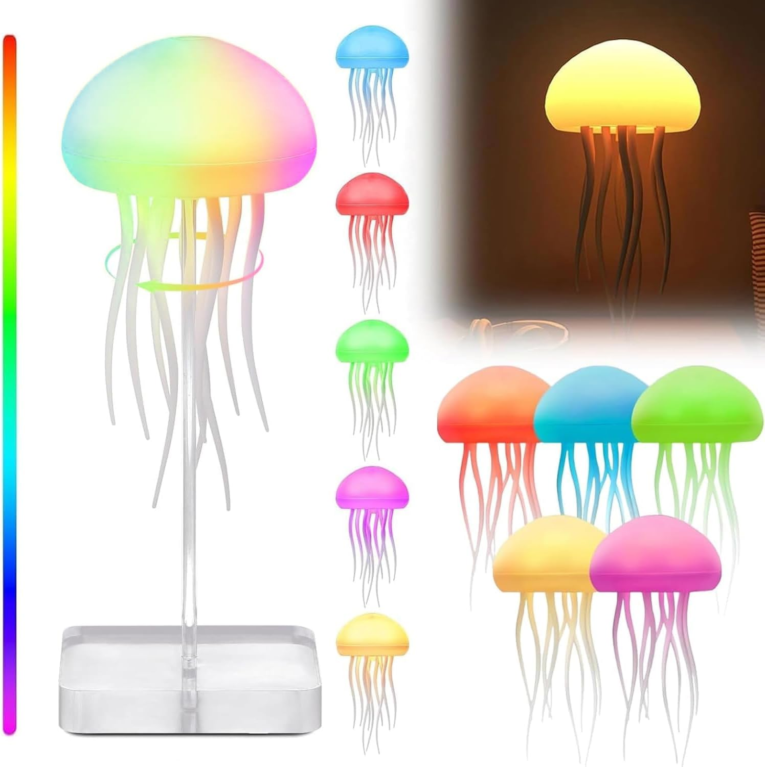 Voice-Controlled LED Jellyfish Lamp, RGB Gradient Jelly Fish Light with Dancing Legs, Touch Sensor Rechargeable Cute Desk Lamp for Bedrooms, Living Room (Hanging + Base) image number 4