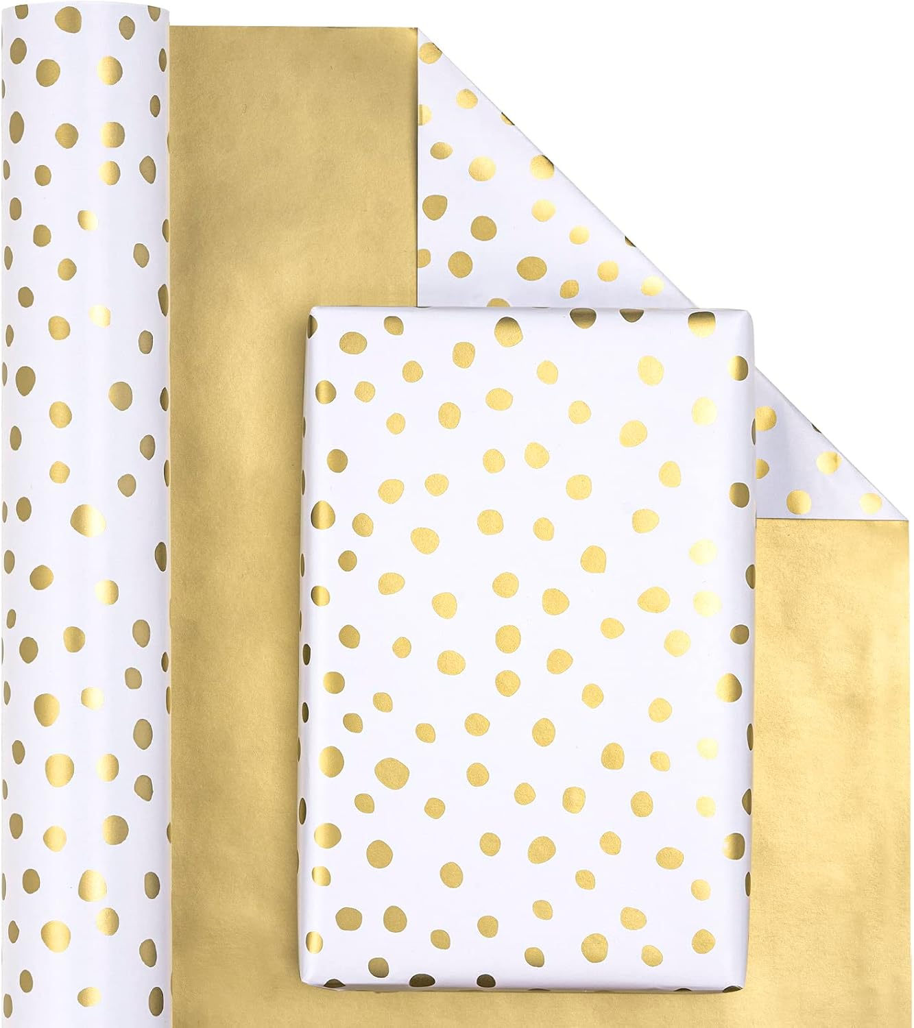 WRAPAHOLIC Reversible Wrapping Paper - Mini Roll - 17 Inch X 33 Feet - Gold Print and Delicate Polka Dots Design for Birthday, Holiday, Wedding, Baby Shower, Gold,White (BZP-17-LC-XDD-GOL), 1 image number 5