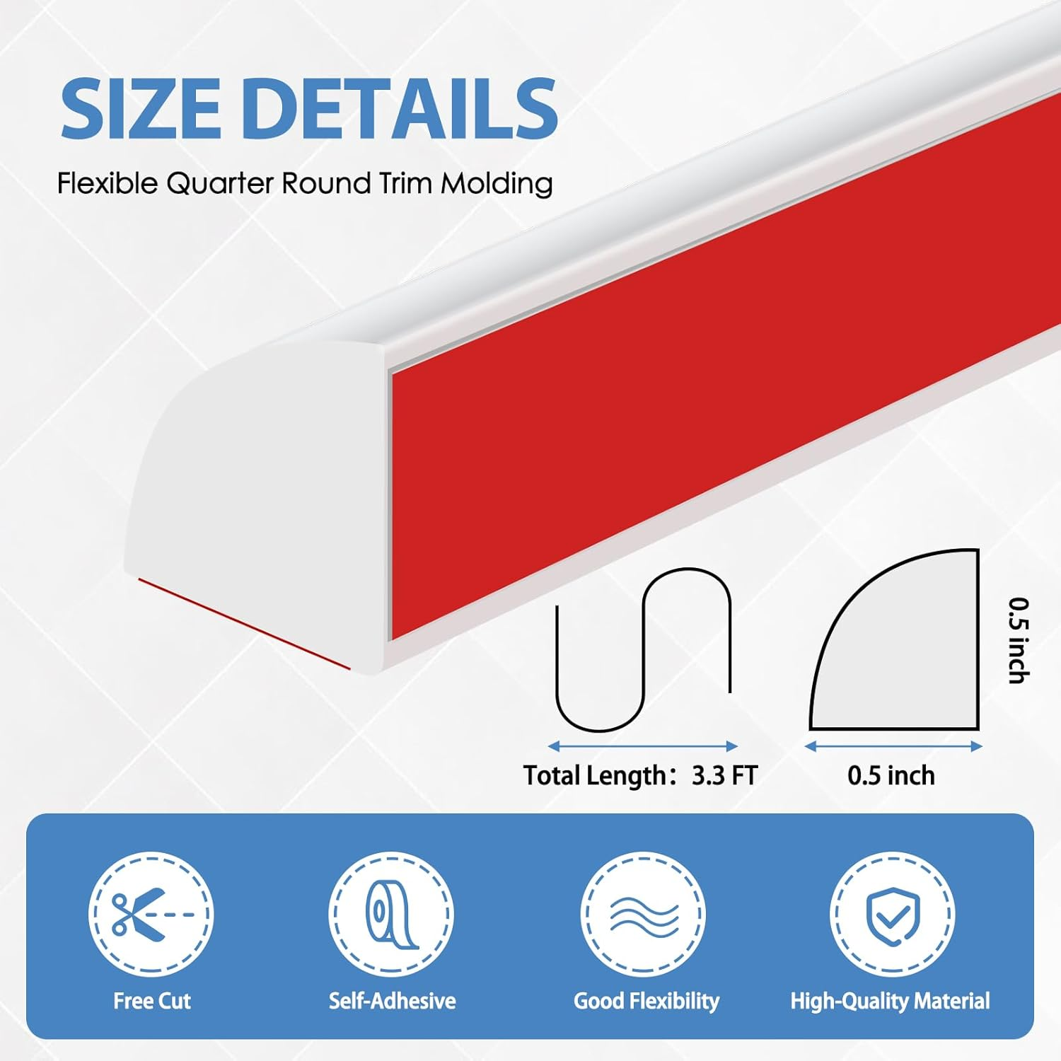 Flexible Quarter round Molding Peel and Stick Rubber Quarter round Trim Molding Self Adhesive Wall Corner Trim Molding for Wall Edge Corner Countertop, White, 1/2&rdquo; W X 1/2&rdquo; H X 39&rdquo; L image number 5