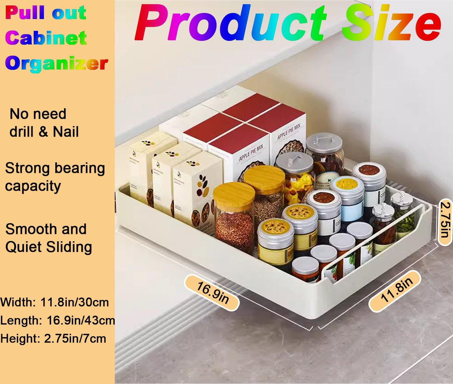 Pull Out Cabinet Organizer, WADY Pull Out Drawers for Cabinets Fixed with Adhesive Film, Adjustable Peel Stick Slide Out Drawers for Kitchen Cabinets Pantry Bathroom-43Cm Deep(11.8" W) image number 4