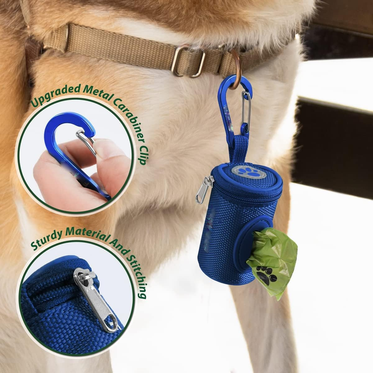 Dog Poop Bag Holder for Leash Doggie Waste Bag Dispenser Soft Fabric Puppy Potty Carrier Small Doggy Zipper Pouch with Carabiner Clip with 1 Roll of Pet Trash Bags 1Pcs (Blue) image number 2