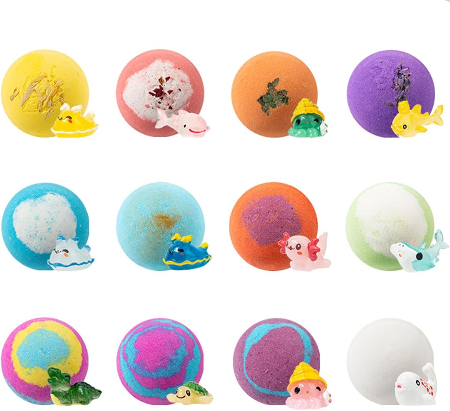 Colorful Bubble Bath - Land and Sea Toys, Organic Bath Balls | 12Pcs Handmade Bubble Bath Bombs Spa Fizz Ball Kit, Portable Bath Giift Set with Surprise Toys for Birthday Halloween Christmas