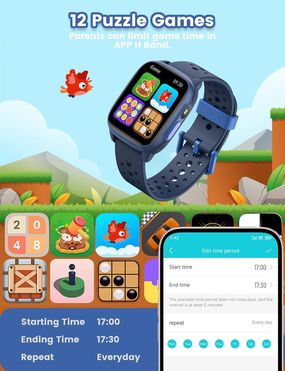 ZONEY Smart Watch for Kids, Christmas Birthday Gift Watch with Flashlight, IP68 Waterproof 1.5" Fitness Tracker, 12 Games Pedometer,Heart Rate,Sleep Monitor with APP for Girls Boys Teens 5-16, Blue - Blue image number 3