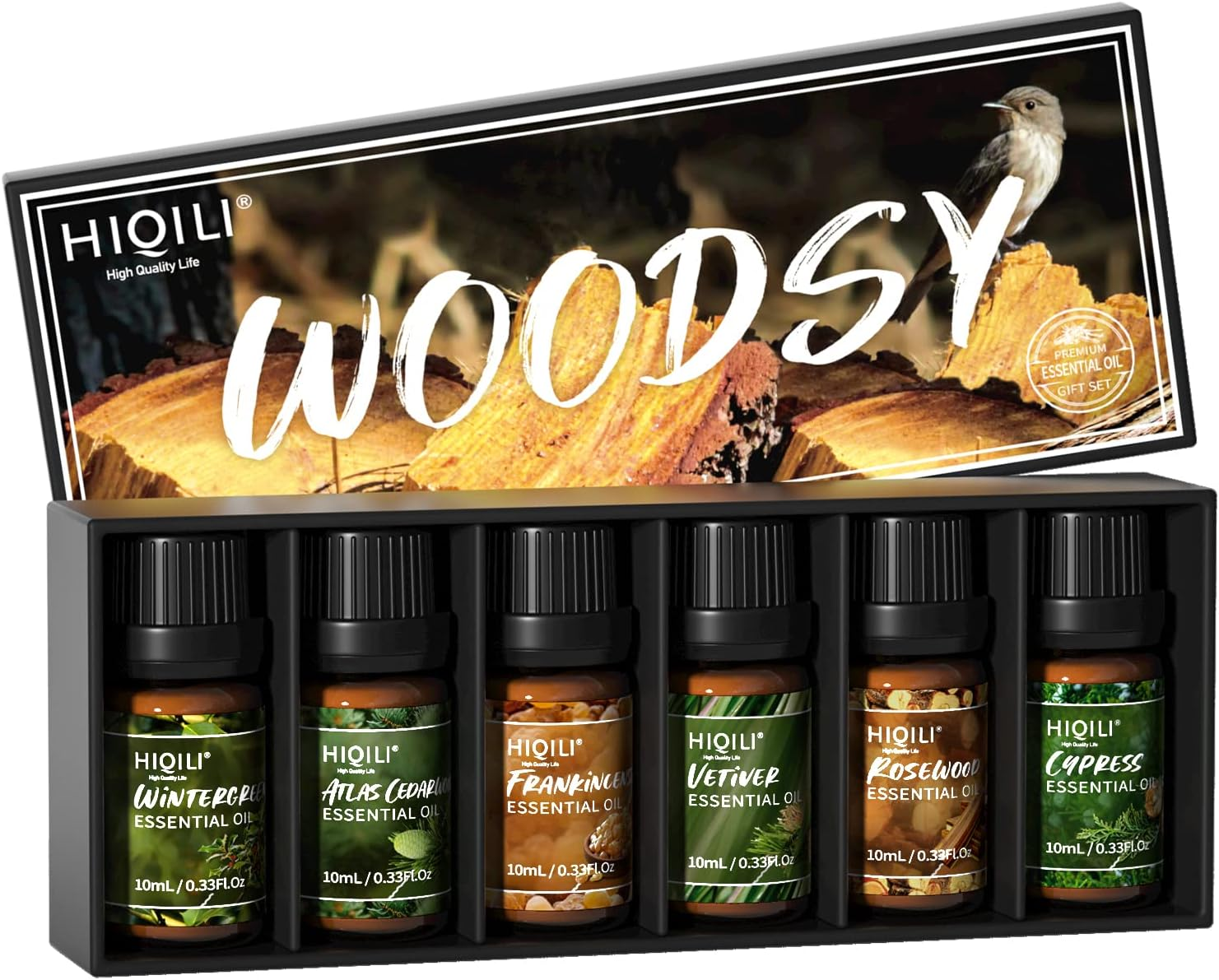 HIQILI Woodsy Essential Oil Set 6X10Ml,100% Pure for Diffuser Aromatherapy, Perfume Making Massage Oil Skin Beauty Care,Cedarwood, Wintergreen, Frankincense, Vetiver, Rosewood, Cypress image number 2
