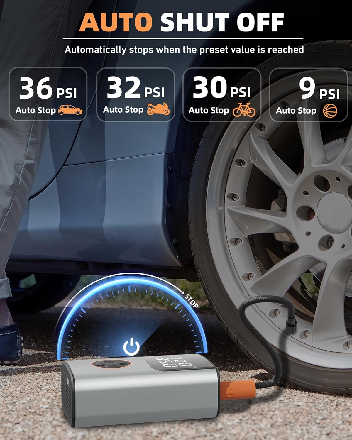 Tire Inflator Portable Air Compressor, Bike Pump, 150PSI Air Pump for Car Tires with Digital Tire Pressure Gauge and Auto Shut-Off, Air Compressor for Bicycle, Motorcycle, Compact Car, Ball image number 6