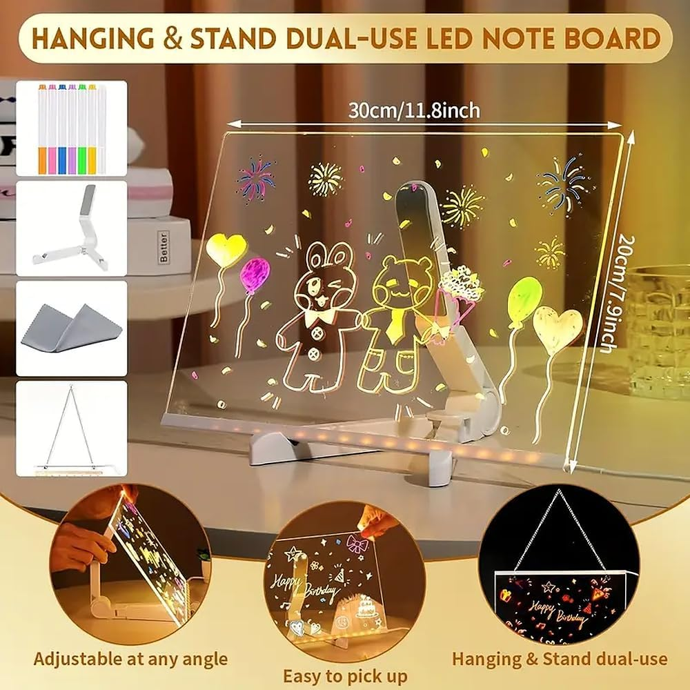 30X20Cm Glow Writing Board for Kids - LED Memo Board with 7 Color Pens, USB Lighting Doodle Board Acrylic Dry Erase for Bedroom/Office, Halloween Birthday Christmas Decor with Stand image number 1