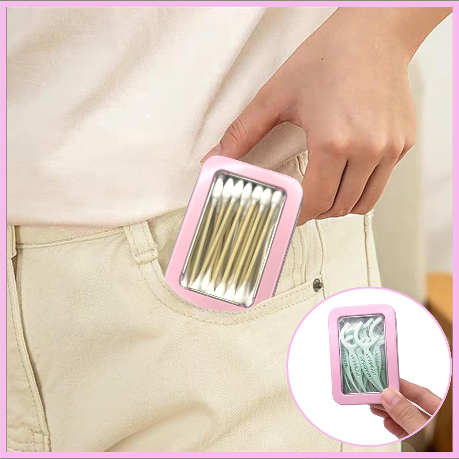Cotton Swab Holder for Travel, 2 Pcs Portable Small Dental Floss Holder Empty Metal Cotton Ball Holder, Travel Floss Picks Case with Dustproof Lid for Cotton Swabs Hair Ties Floss, Pink image number 1