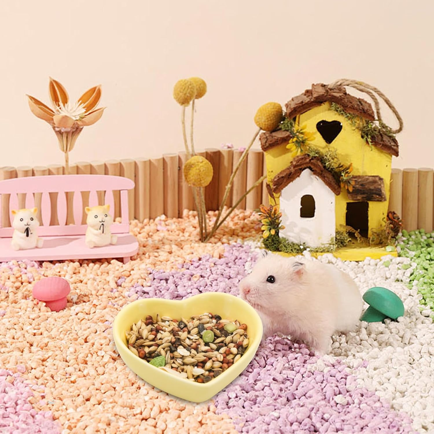 Luckyopt Hamster Bowl, Ceramic Heart-Shaped Pet Bowl Hamster Food Bowl, Washable Small Animal Bowl Hamster Water Bowl for Hamster, Guinea Pig, Gerbil, Hedgehog, Chinchilla, Parrot (Yellow) image number 1