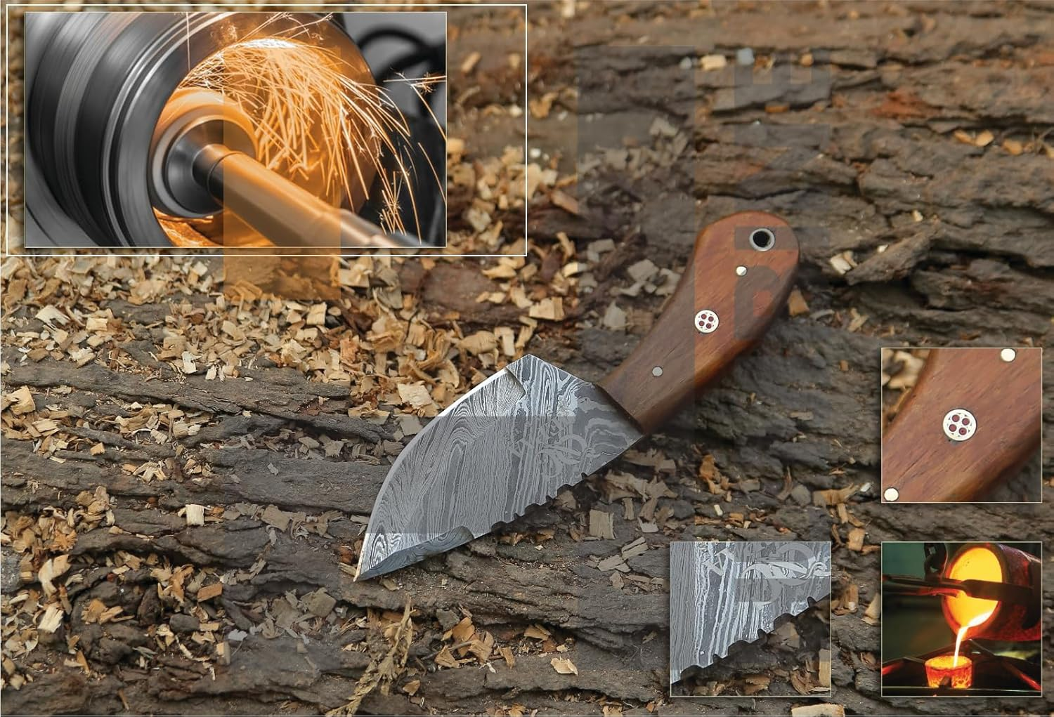 6" Long Hand Forged Damascus Steel Full Tang Blade Custom Made Survival Hunting Knife, Wood Handle with Leather Sheath image number 3