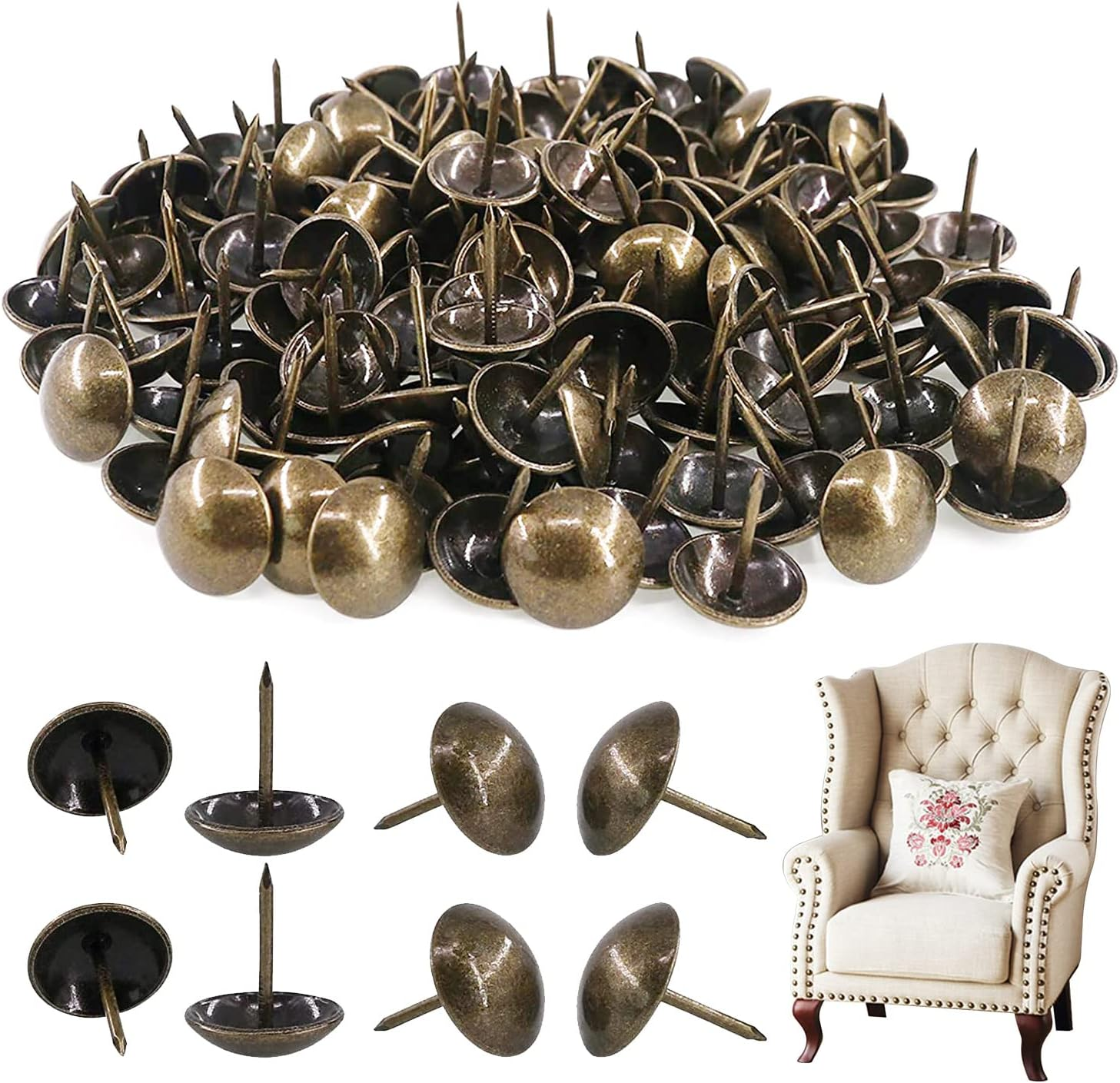 Rustark 200-Pcs 3/4'' (19&times;21Mm) Antique Upholstery Decorative Tacks Furniture Sofa Thumb Tacks Nails Pins Assortment Kit for Upholstered Furniture Cork Board - Bronze image number 1