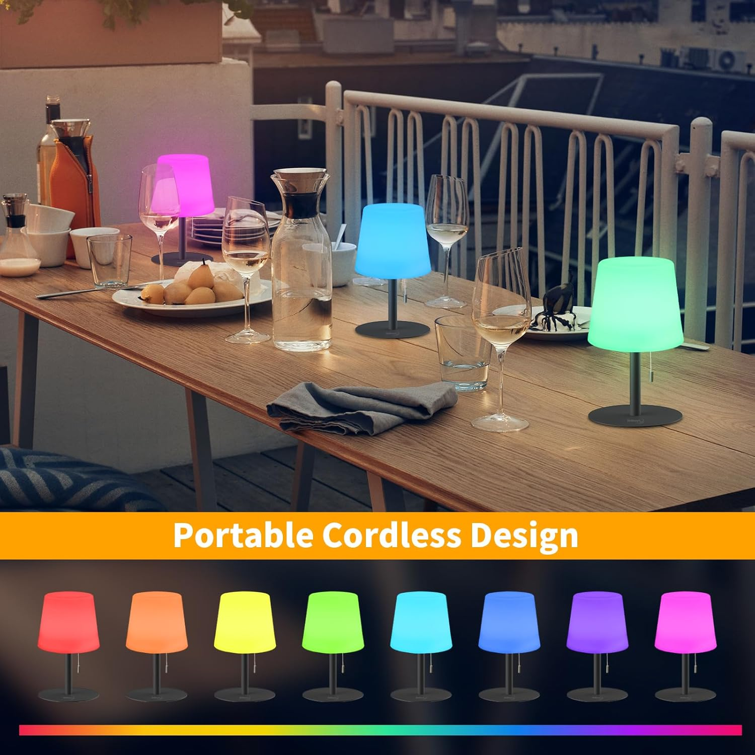 Tulbeys Warm & RGB Cordless Lamp for Outdoor Patio Decor | Battery Powered | Farmhouse Table Lamp | White Desk Lamps for College Dorm Room | Shower Lamps Waterproof Lampshade & Metal Base image number 6