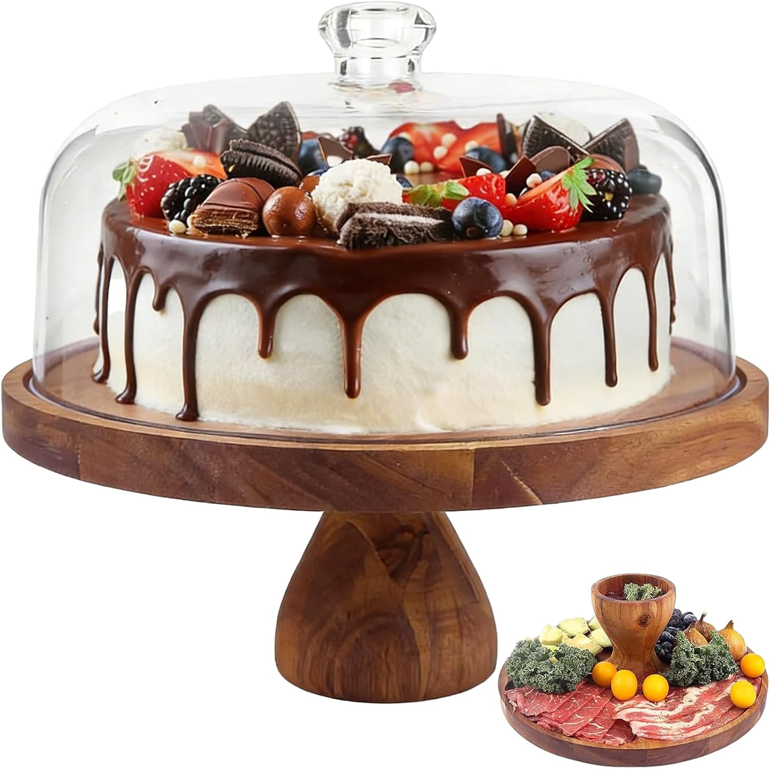 Cake Stand with Dome Lid, Acacia Wood Cake Plate with Footed, 2 in 1 Wooden Cake Display Stand for Wedding, Kitchen, Birthday, Parties, Baking image number 3