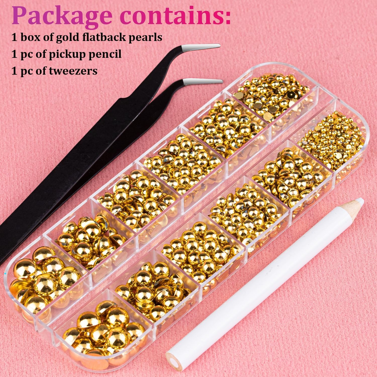 Flat Back Half round Gold Nail Charms and Gems with Multi-Size Pearls for DIY Nail Art Design and Crafting - Geiwogwc image number 5