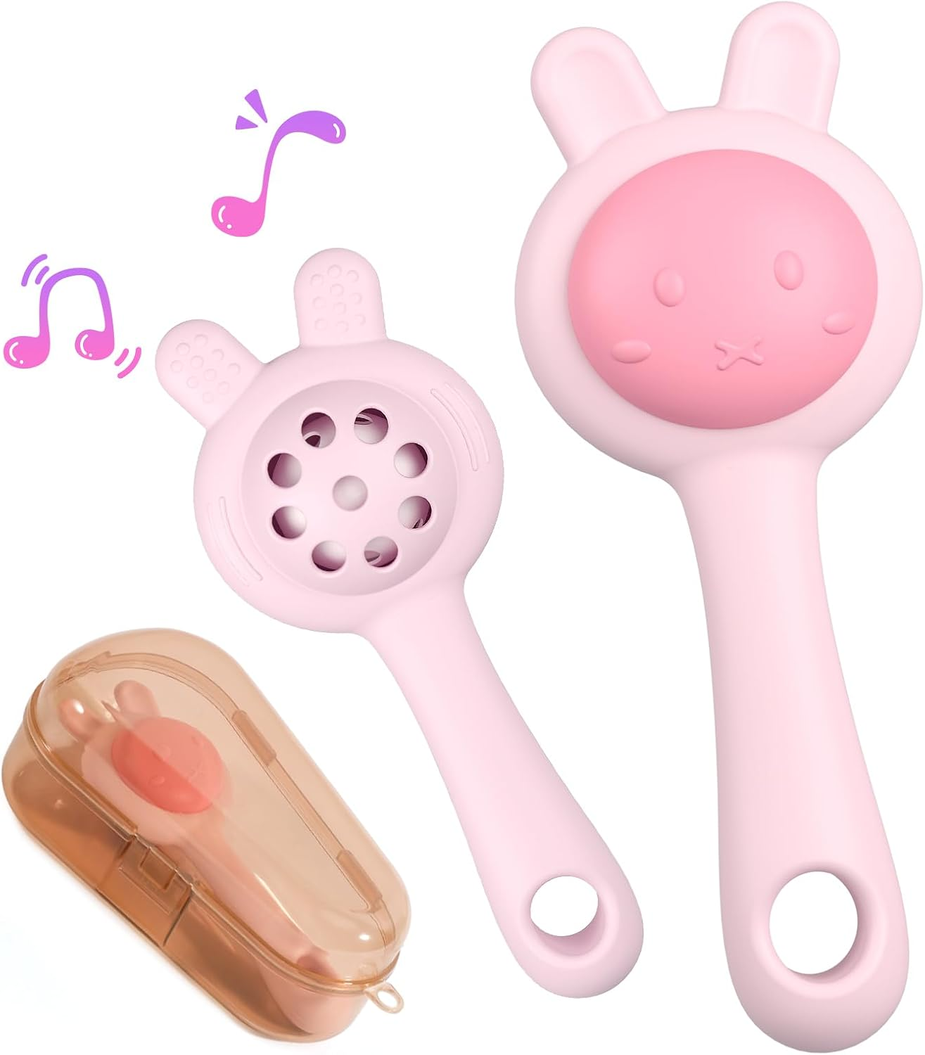 Textured Silicone Teething Toys for Baby, 2 in 1 Rattle and Teether Toy, Sensory Exploration and Teething Relief, Easy to Hold Handles, 0+ Months (Pink)