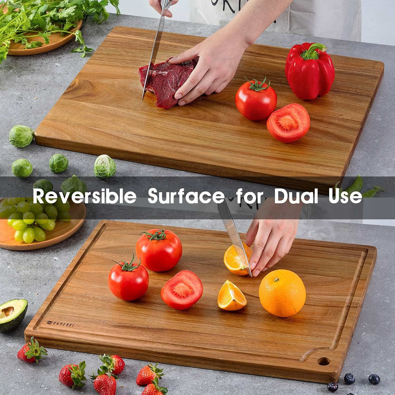 Extra Large Reversible Wood Cutting Board with Juice Groove - Caperci Better Kitchen Acacia Wood Edge Grain Chopping Board for Meat Cheese and Vegetables (XL 20 X 14 '') image number 2