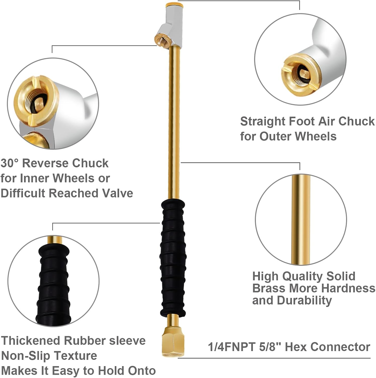 GODESON 1/4" FNPT Extended Reach Dual Head Air Chuck, 2-Way Connection 11.8" Extended Brass Air Chuck with Rubber Handle,Tire Chuck with Quick Plug for Semi, RV, Truck Dually Tires image number 4