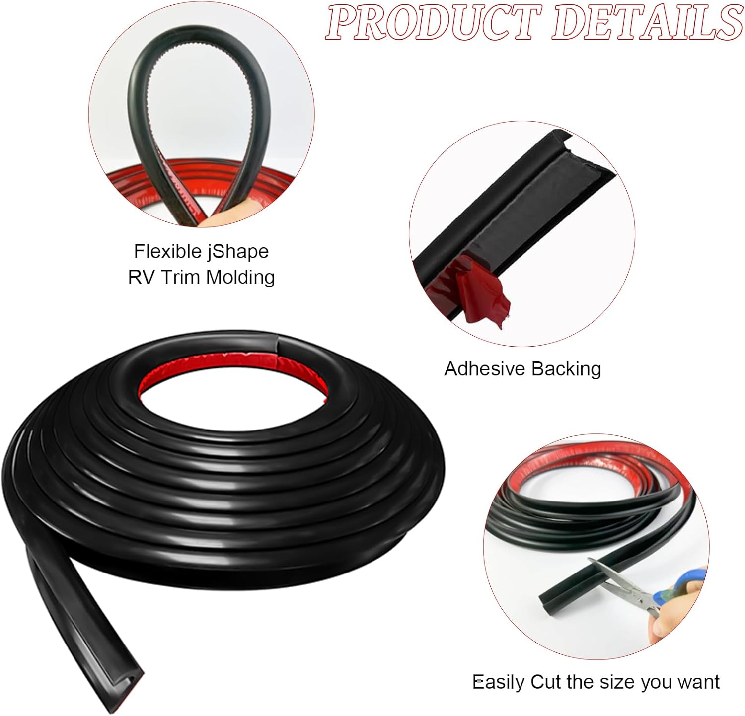 J Shape RV Rain Gutter, 2.5 M Self-Adhesive Backing, PVC Drip Guides, Roof Rain Diversion Strips for Vehicle, Truck, RV, Boat, Car, Van, Door, RV (Black, 2.5M) image number 4