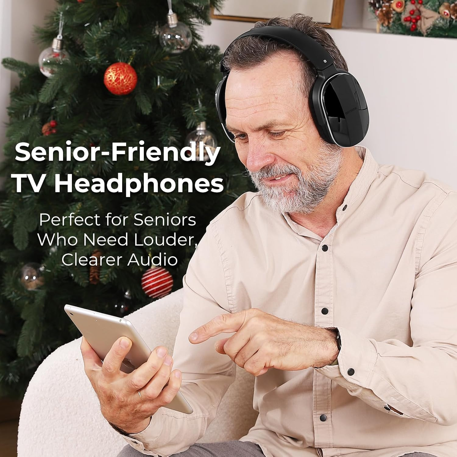 Wireless TV Headphones with Charging Station and RF Transmitter, Comfortable TV Headphones for Seniors, Compatible with All Tvs, Black and Silver image number 1