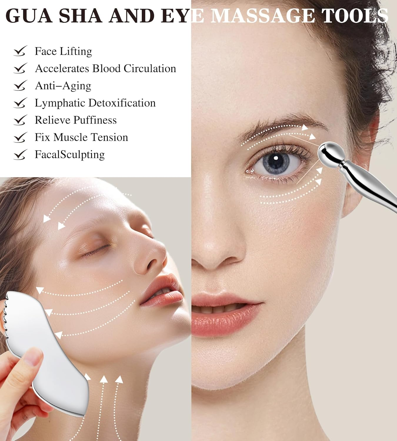 Gua Sha Facial Tools, 3 in 1 Stainless Steel Metal Guasha & Eye Cream Applicator Facial Sculpting Tool Set Eye Massager Lymphatic Drainage for Face Neck image number 5