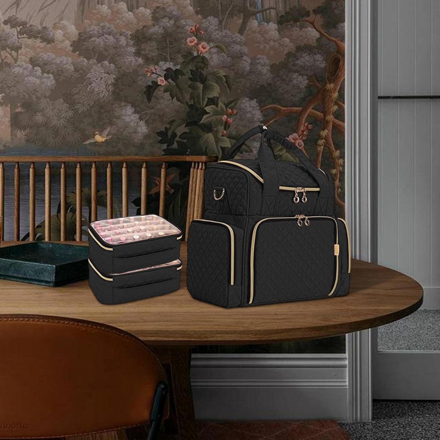 Nail Polish Carrying Case Bag Large Nail Polish Organizer Multifunctional with Mesh Pocket Sturdy Stitching Portable Large Handbag Organizer image number 2