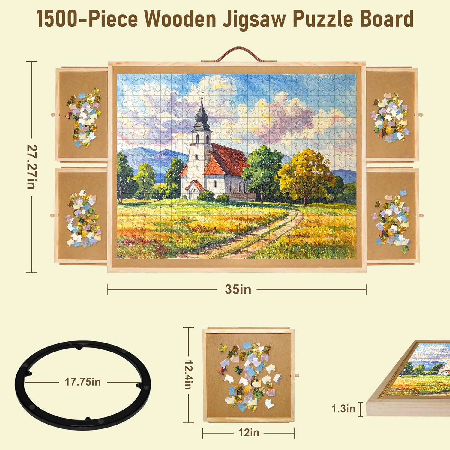 1500 Pieces Jigsaw Puzzle Board, 2-In-1 Tilting & Rotating Puzzle Table, 35"X27"Portable Wooden Jigsaw Table for Adults, Includes 4 Storage Drawers, Leather Handle, Non-Slip Surface, Protective Cover image number 6