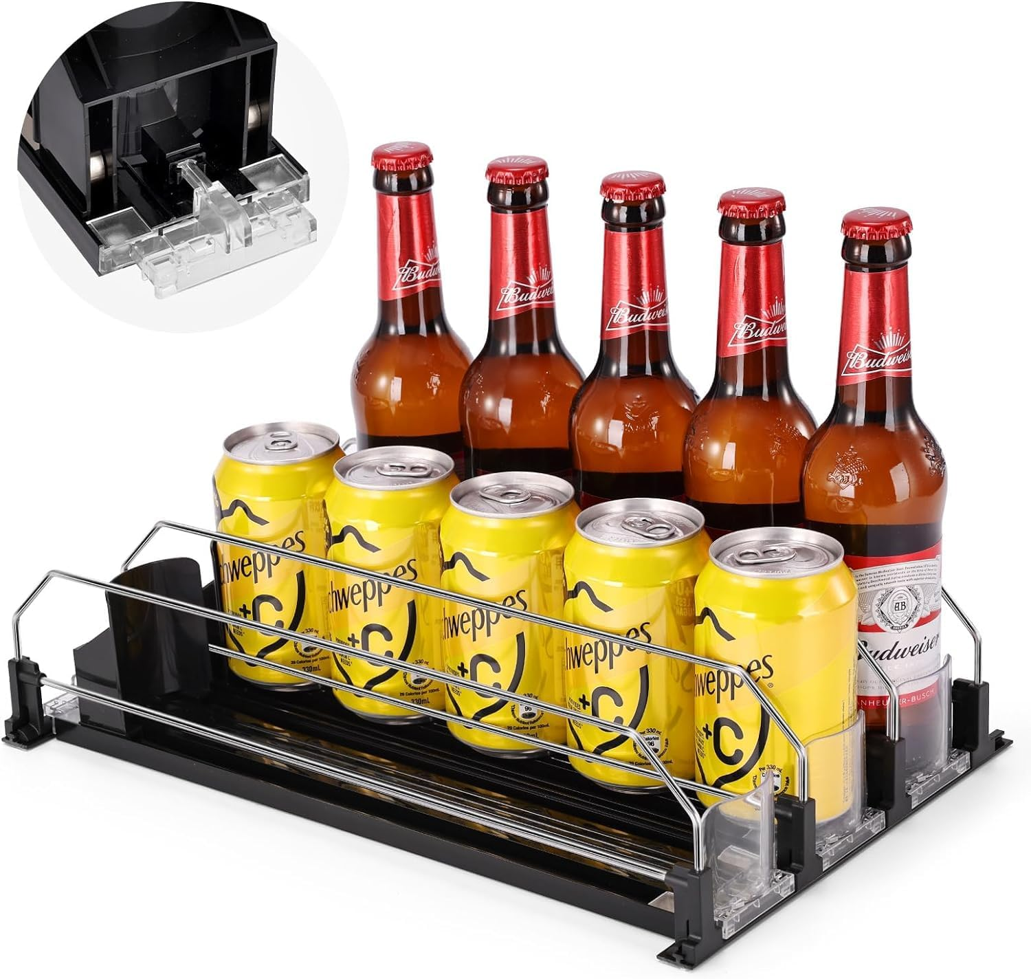 WADY Drink Organizer for Fridge, 3 Rows Soda Can Dispenser for Refrigerator, Automatic Glide Organizer for Refrigerator, Width Adjustable Drink Dispenser, Self - Pushing Soda Can Dispenser (Black) image number 1