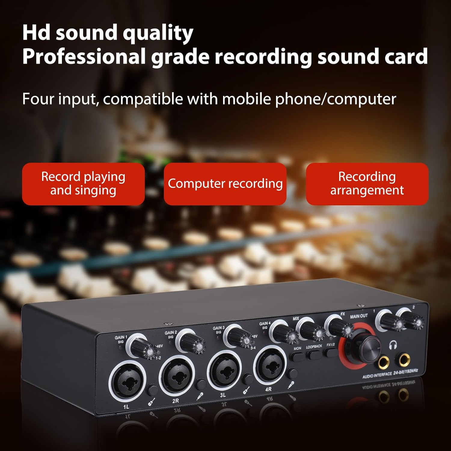 Mingzhe 4 Channels Recording Sound Card with Driver Free Audio Interface, 4-In 4-Out USB Sound Card 24 Bit/192Khz 48V Phantom Power Supply for Professional Recording of Live Streaming Karaoke image number 6