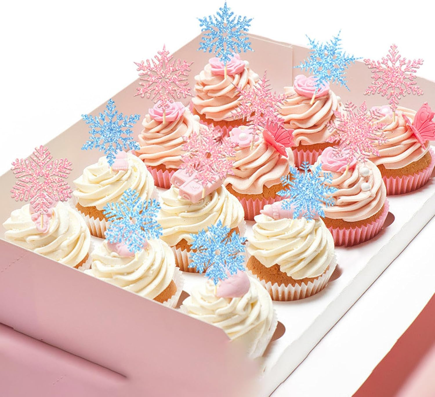 24Pcs Snowflake Cupcake Toppers Glitter Winter Little Snowflake Cupcake Picks for Winter Wonderland Themed Baby Shower Kids Birthday Christmas Party Cake Decorations Supplies - Pink image number 2