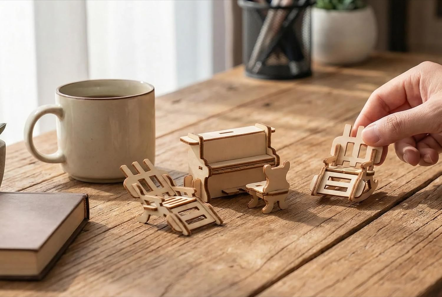 BOHS 34-Piece Dollhouse Furniture Set - Laser Cut Wooden 3D Puzzles - Miniature Doll House DIY Models and Accessories image number 3