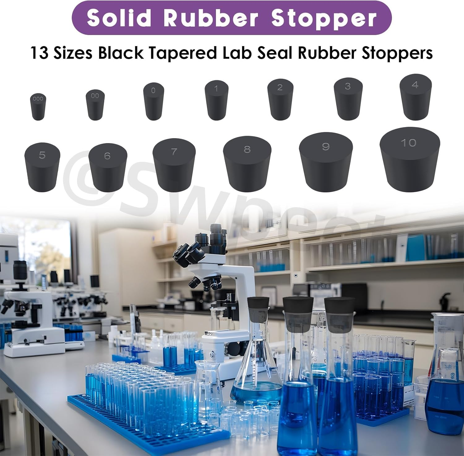 Swpeet 32Pcs 13 Assorted Sizes Black Solid Rubber Stopper, Black Tapered Lab Seal Rubber Stoppers, Black Lab Plug, Tapered Lab Bungs - Black image number 3