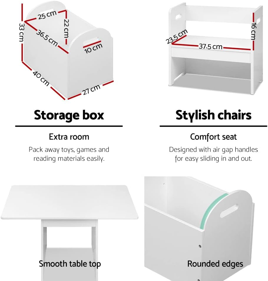 Keezi Kids Table and Chairs with Storage Box, Children Study Chair Desks Dining Tables Drawing Eating Painting Learning Activity Play Setting Home Living Room Bedroom Outdoor Furniture, Durable White image number 5
