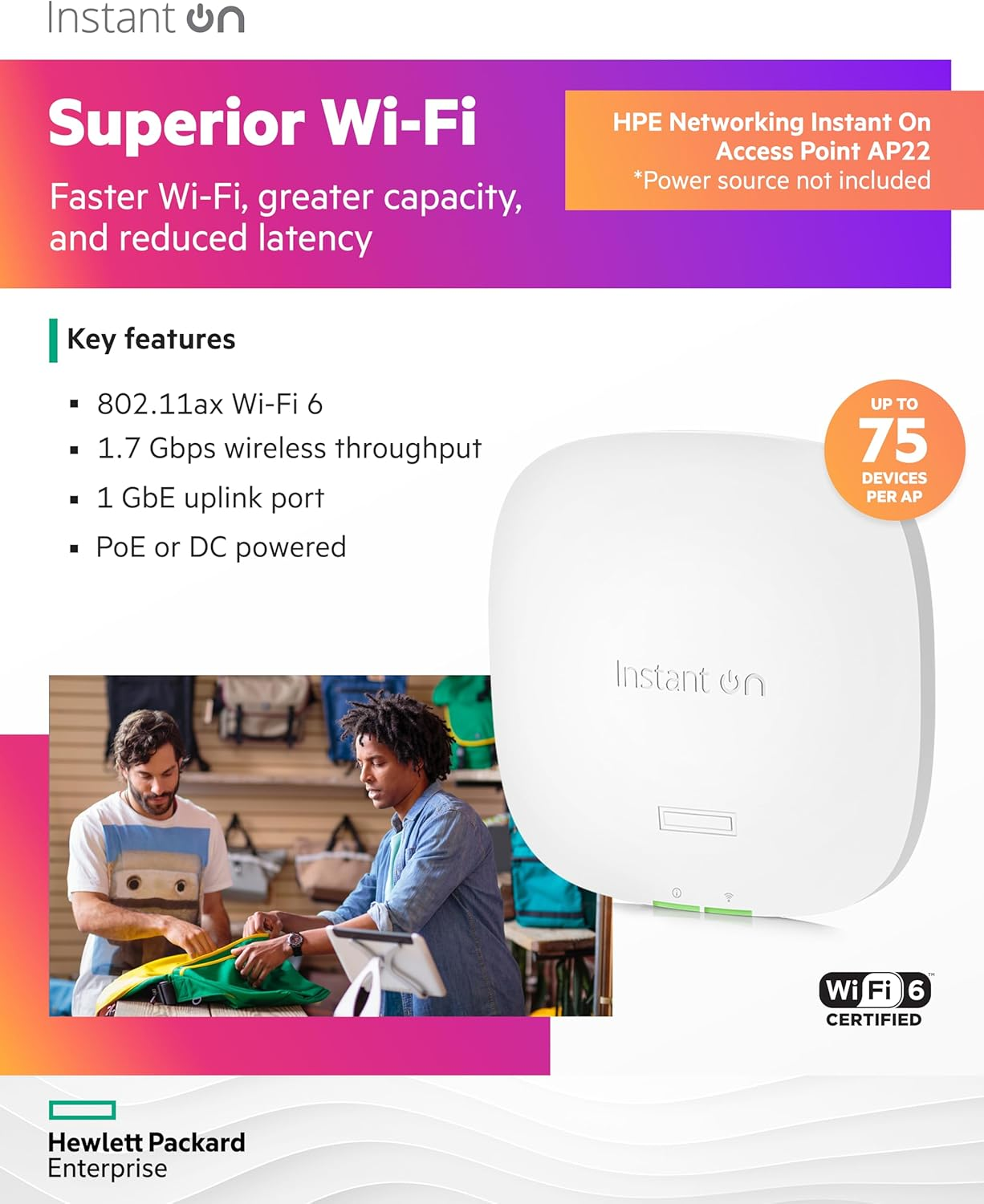 HPE Networking Instant on Access Point AP22 2X2 Wifi 6 Indoor Wireless Access Point | Long Range, Secure, Smart Mesh Support | Power Source Not Included | RW Rest-Of-World Model (R4W02A) image number 5