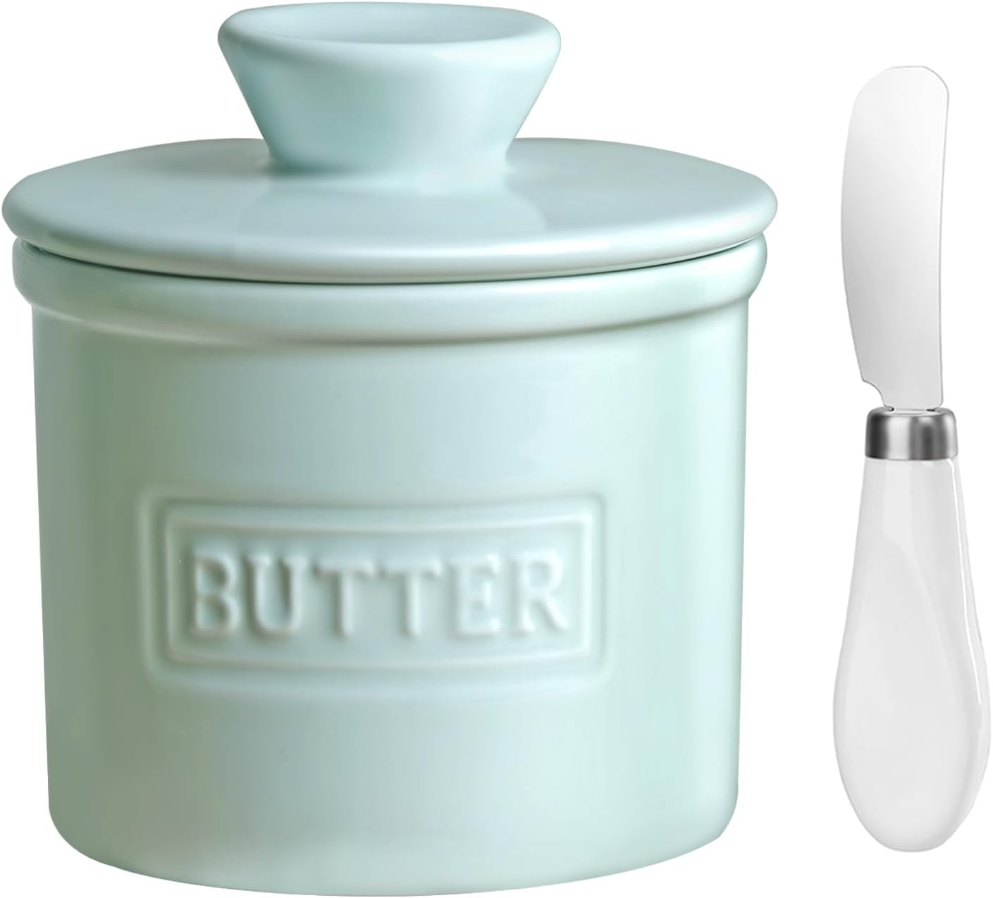 JSHKY Butter Crock with Spreader, Porcelain French Butter Keeper for Countertop, Butter Container for Soft Butter, Gift for Mother&rsquo;S Day, Thanksgiving Day and Christmas, AU, Color-White.
