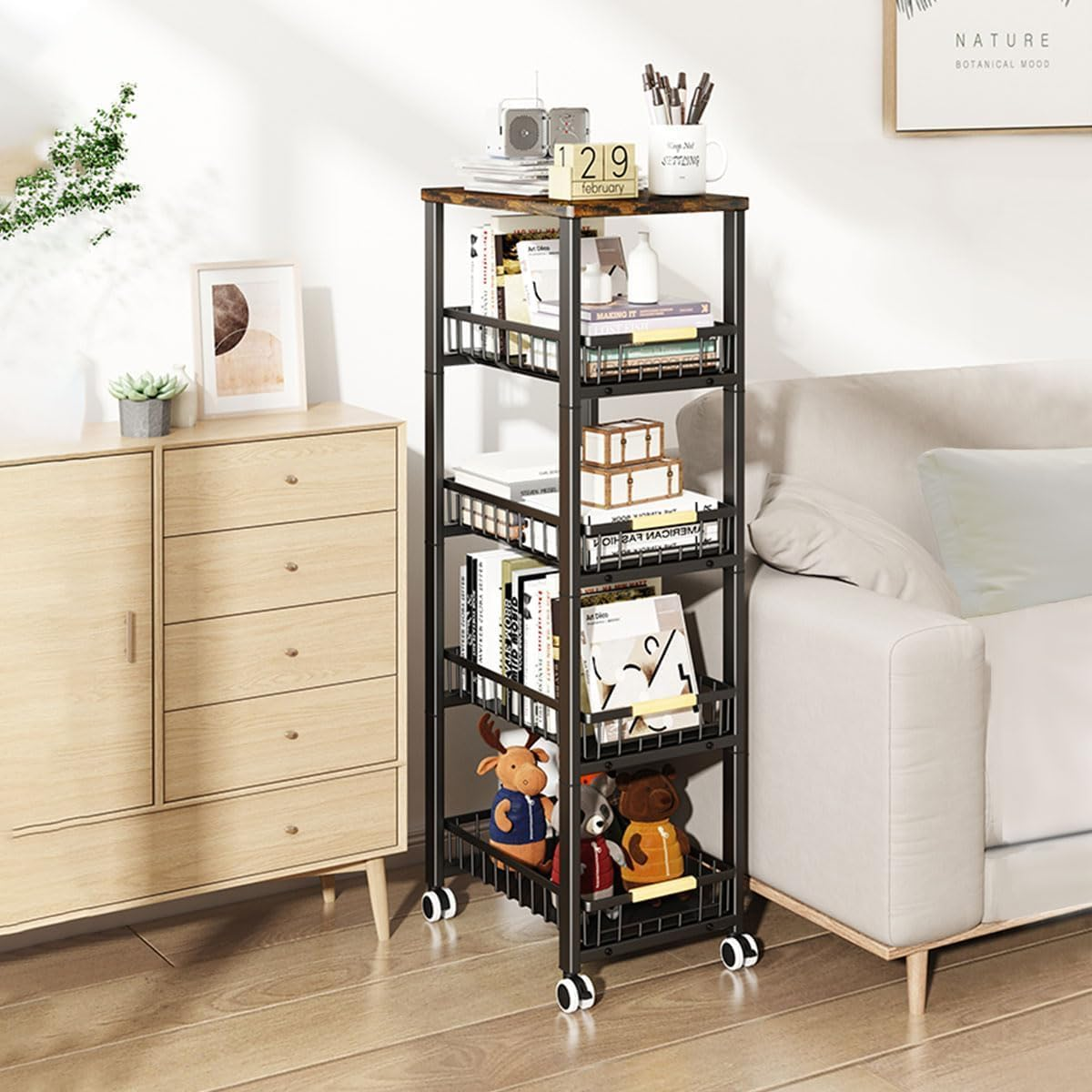 Kitchen Cart with Storage and Wheels, 5-Tier Metal Rolling Utility for Fruit and Vegetable Pantry, Potato Onion Basket for Kitchen, Bathroom (Retro) image number 6