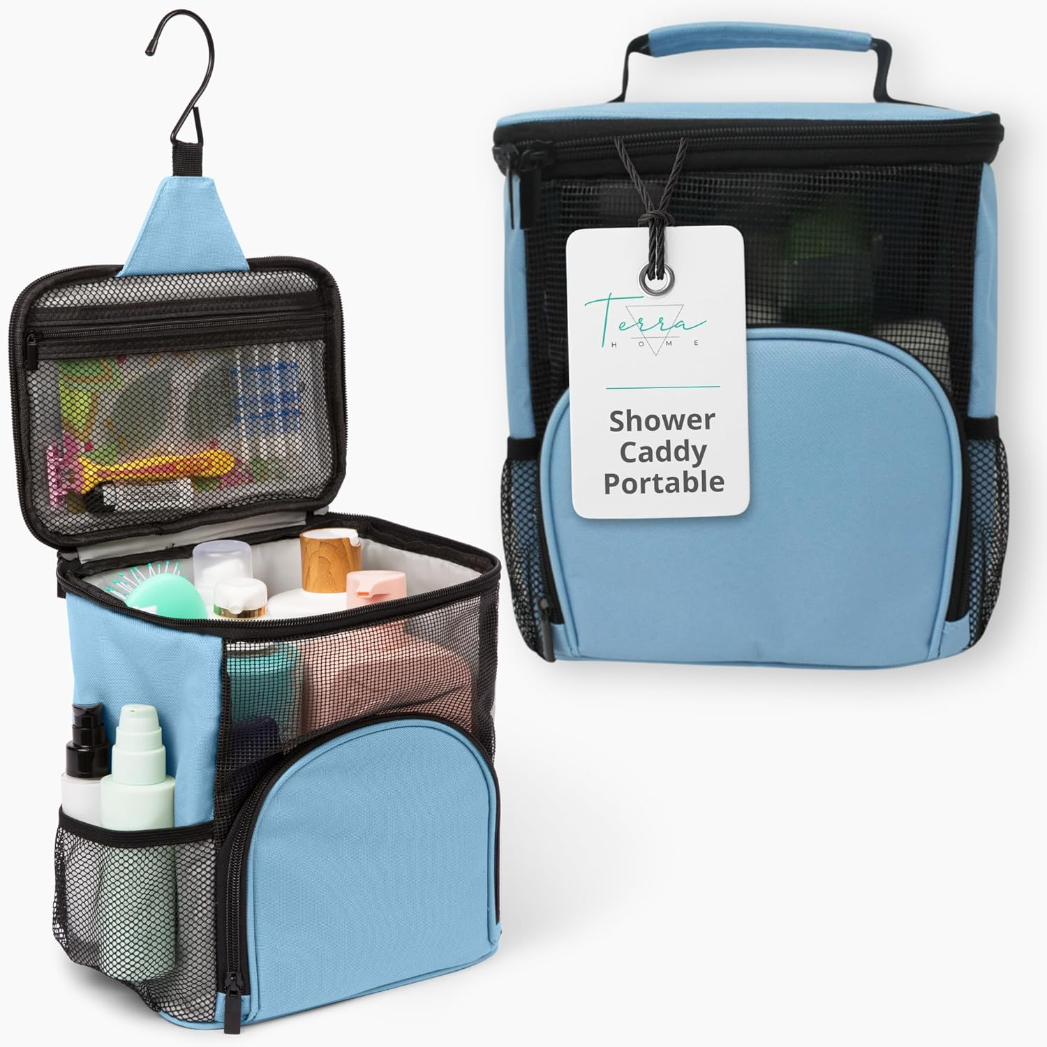 TERRA HOME Original Portable Shower Caddy for College Dorms - Foldable Mesh Tote - Dorm Room Essentials - Durable Hanging Travel Shower Bag - Perfect for College Students, Men, Women (Black)