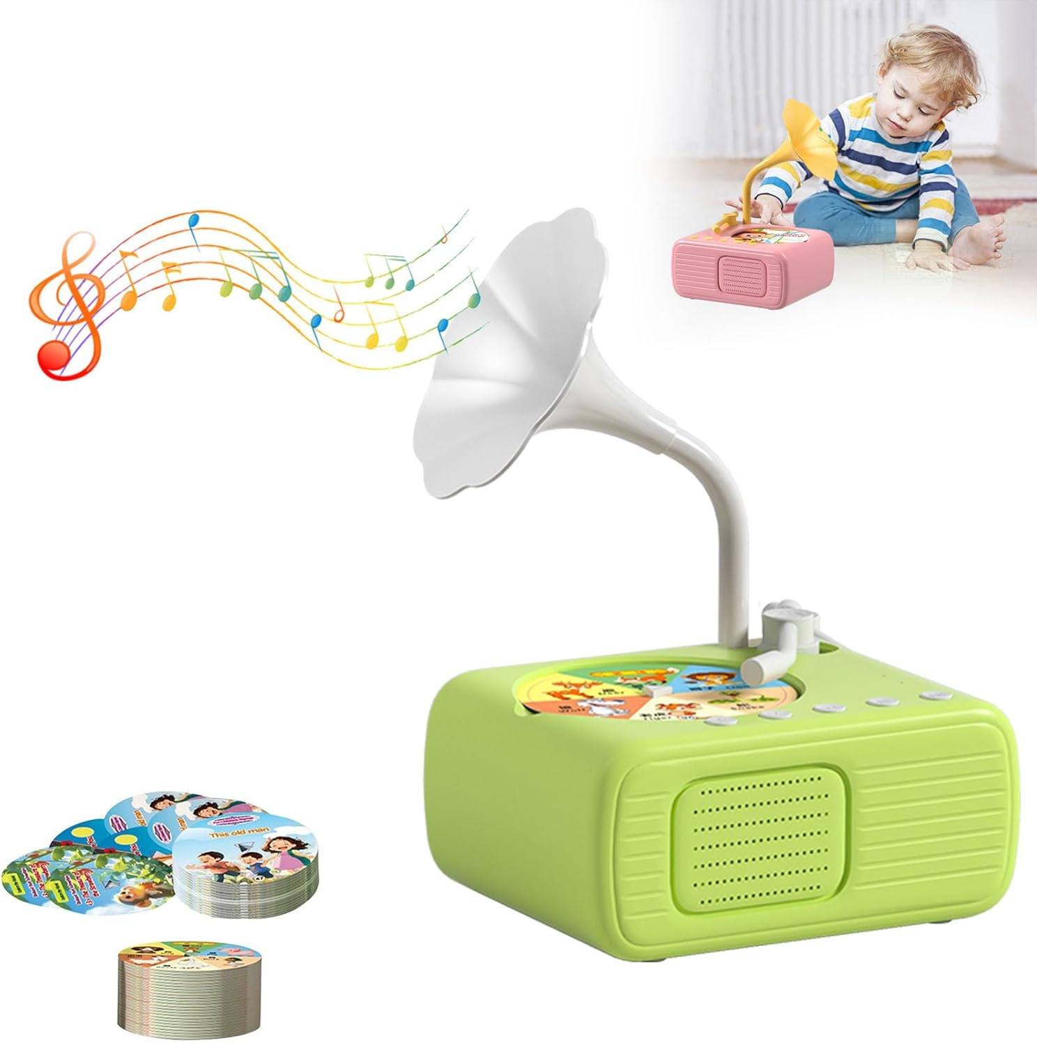 Sweako Kids Gramophone with 96 Cards, Kids Phonograph Record Player, Kid Phonograph Book with Sound, Musical Sensory Toy with Story Music Player for All Boys and Girls Aged 3-12 (Pink)