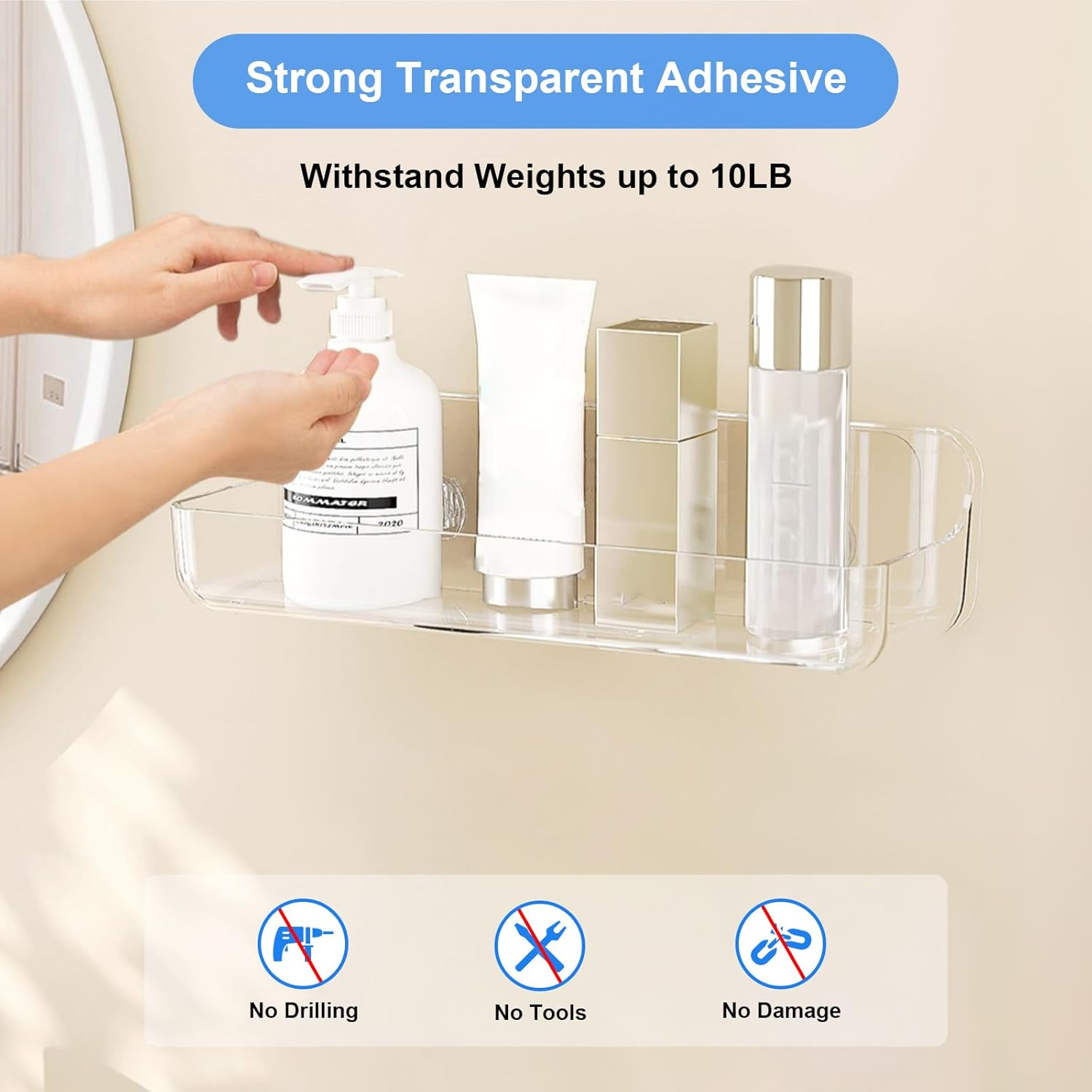 Diesisa Acrylic Wall Mounted Shower Caddy, Clear, 12.4" X 3.42" X 3.26" Acrylic Shelf, No Drilling Hang Walls Adhesive Shelf, Acrylic Bathroom Shelves with Self Adhesive Tape for Bathroom, Kitchen - Clear-Big Basket image number 5