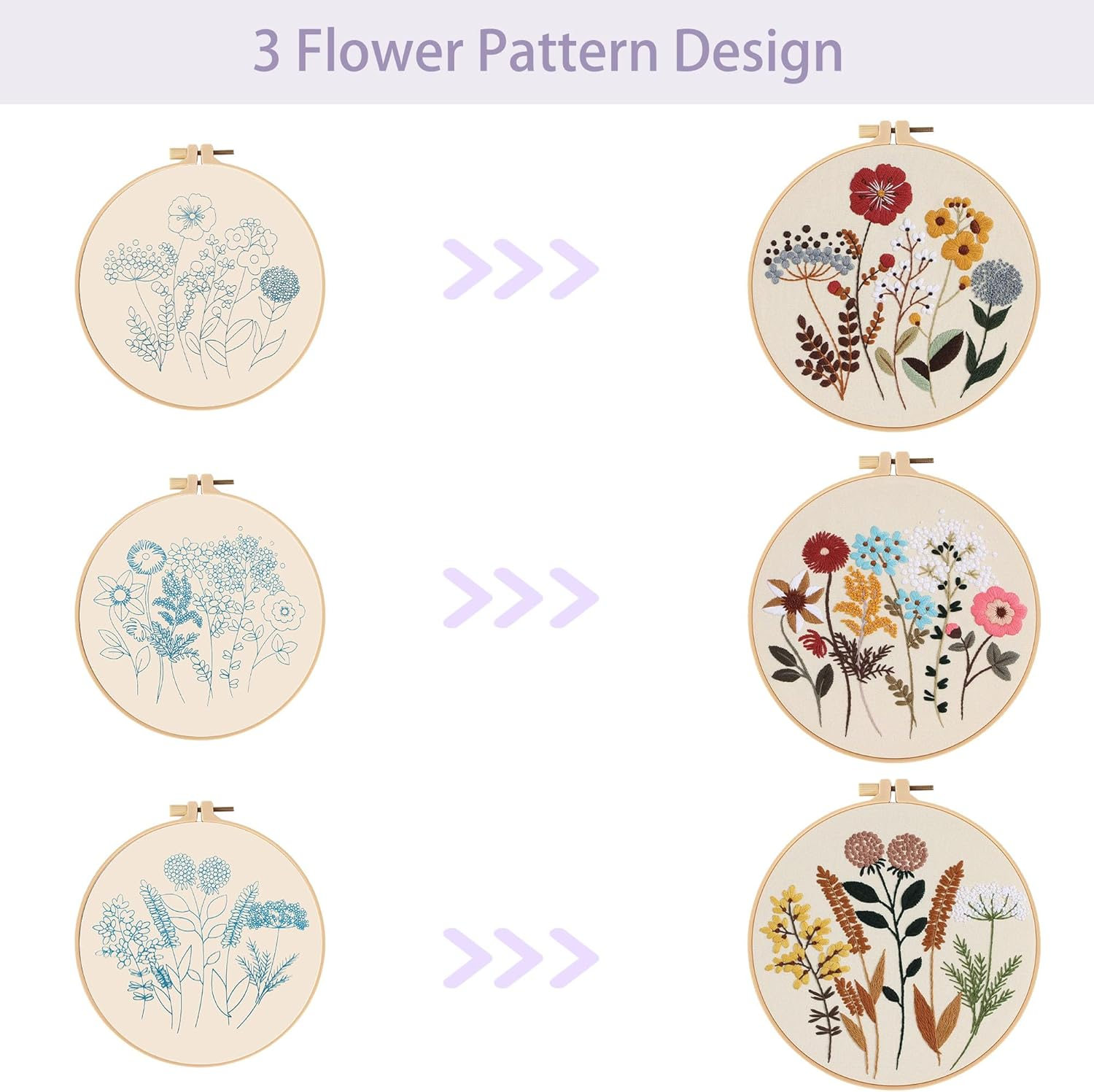 Offizon 3 PCS Embroidery Kit for Beginners - Floral Embroidery Accessories & Hoop Included, Hand Embroidery Kit for Adults Stitching Sewing Kit Gift | Flowera Patterns image number 2