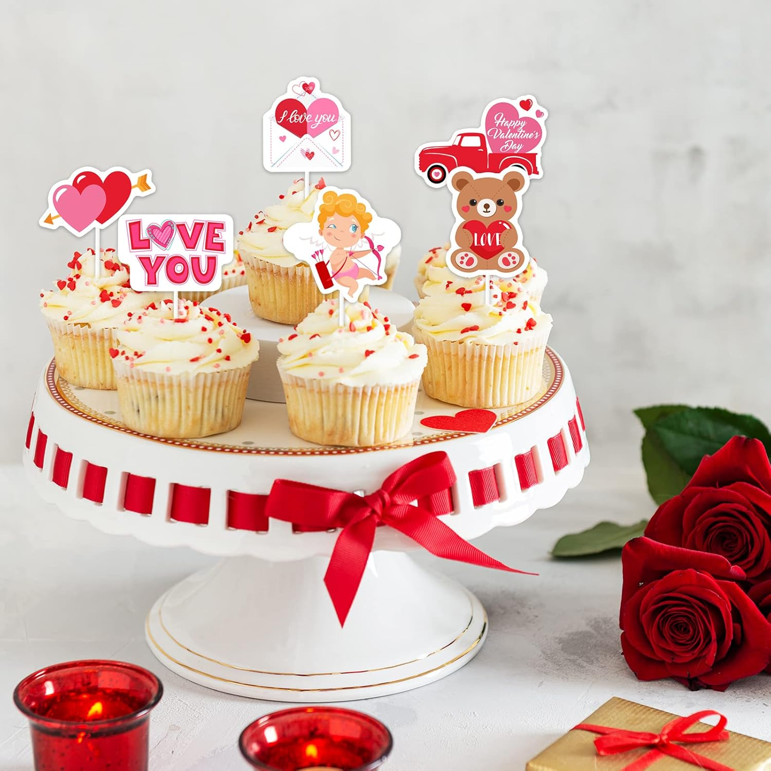 Whaline 72Pcs Valentine'S Day Cupcake Toppers 9 Designs Heart Bear Cupid Cake Toppers Cute Party Cupcake Toppers with Sticks and Glue Point for Valentine'S Day Birthday Anniversary Party Supplies image number 4