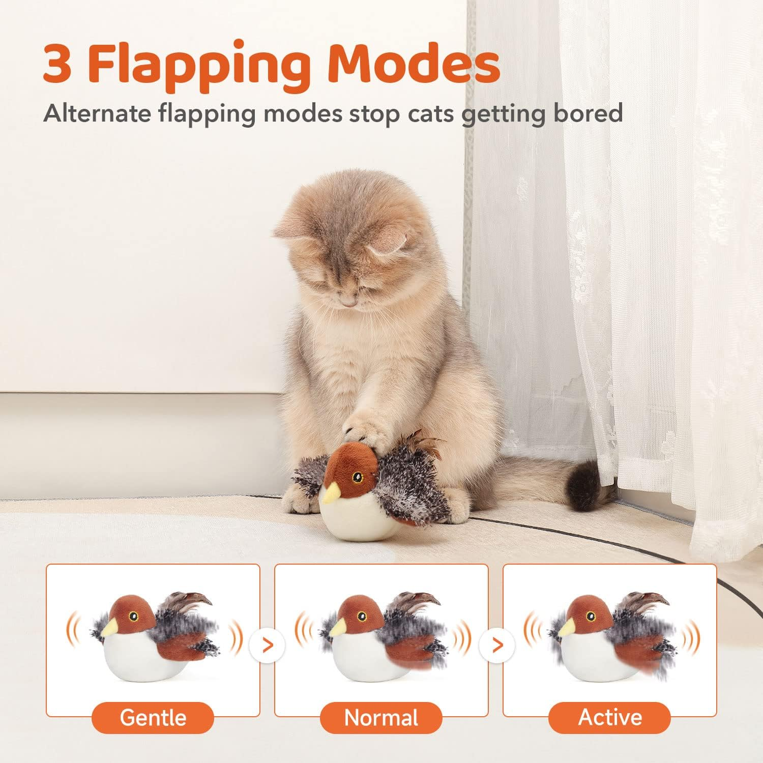 Potaroma Cat Toys Rechargeable Flapping Bird Sparrow, Lifelike Chirp Tweet, Touch Activated Kitten Toy Interactive Cat Exercise Toys for All Breeds Cat Kicker Catnip Toys 4.0 Inches image number 5