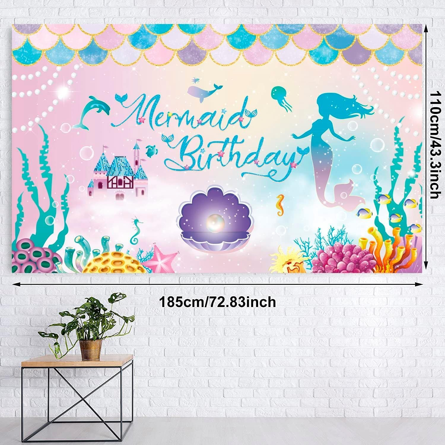 Stibest under the Sea Mermaid Birthday Party Backdrop Girl Princess Mermaid Scales Photo Booth Banner, Purple Blue, Polyester, 72.8 X 43.3 Inch image number 4