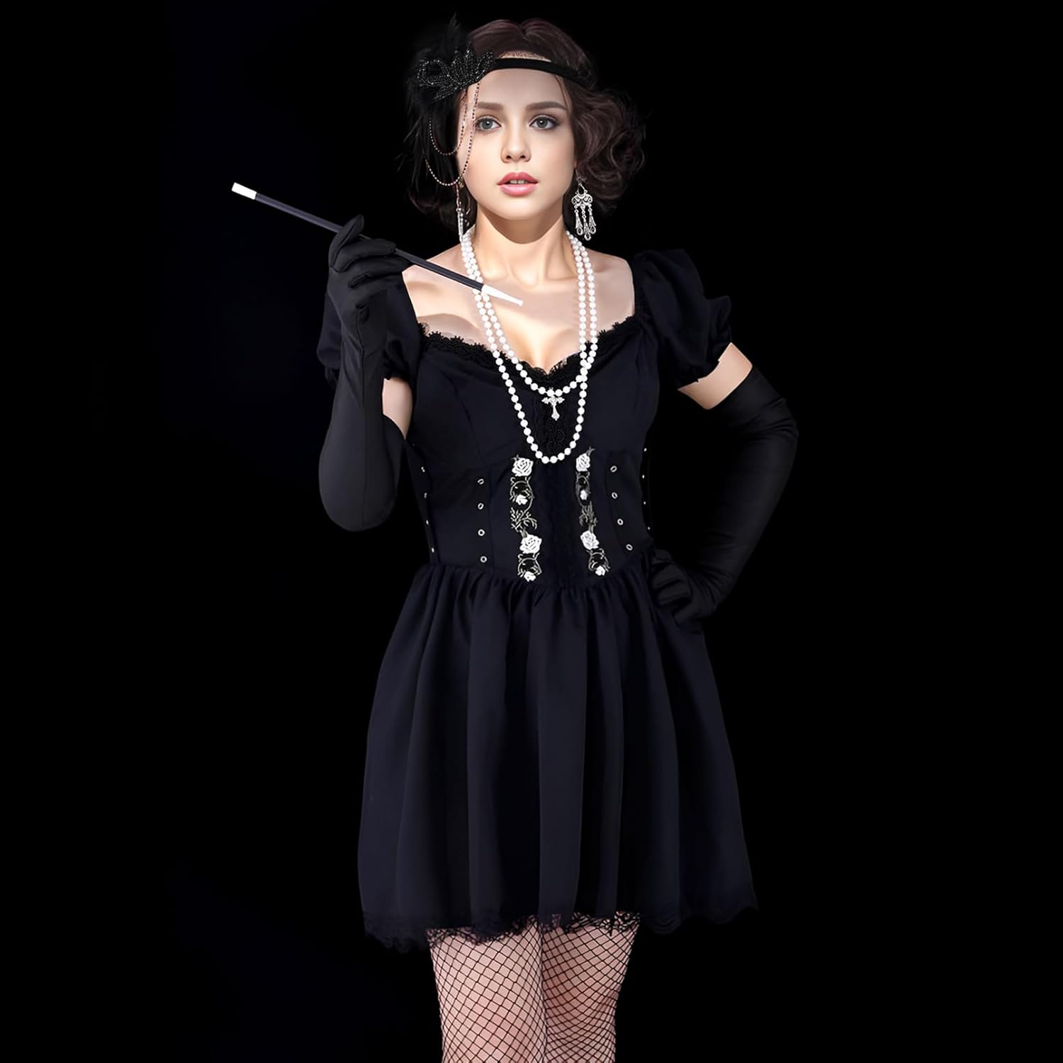 1920S Great Gatsby Accessories Set for Women, Flapper Costume with Earrings Gloves Feather Headband Necklace Magic Wand Fishnet Socks for Tea Party image number 2