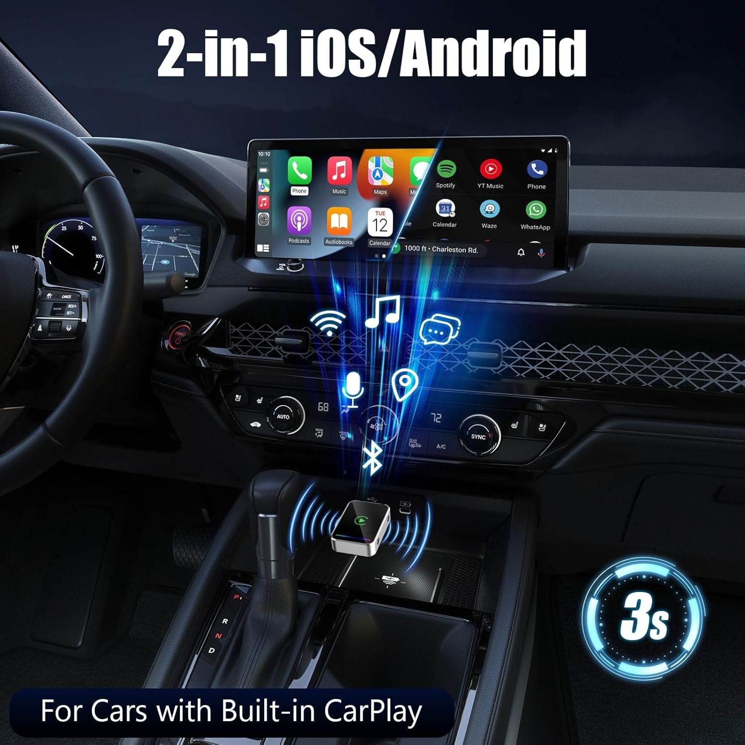 Wireless Carplay Adapter,Wireless Carplay&Android Auto Adapter,Android for Carplay-3S Auto-Connect with Heat Dissipation, Compatible with Cars with Built-In Carplay/Android Auto image number 3