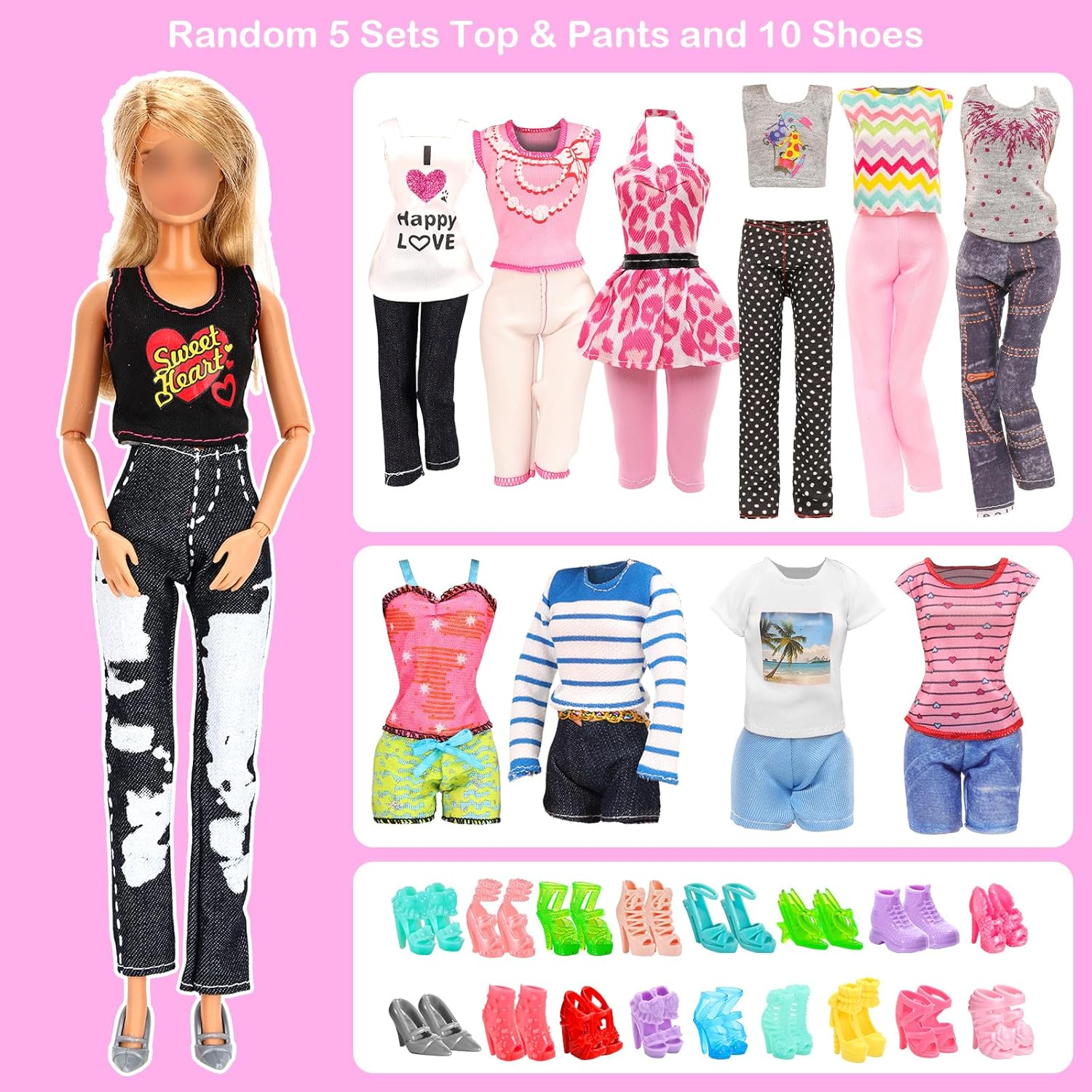 Barwa 39 Accessories Selected Randomly for 11.5 Inch Girl and Boy Dolls: 10 Clothes + 4 PCS Shoes for Boy + 5 Tops + 5 Pants + 5 Dresses + 10 PCS Shoes for 11.5 Inch Girl image number 6