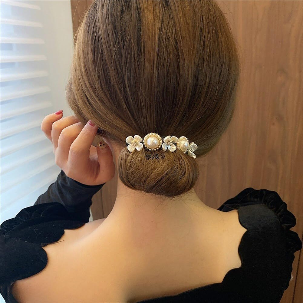 OHEETU 4Pcs Women Magic Hair Bun Maker French Hairstyle Hair Twist Curler with Pearl and Flower Buns Shaper Donut Bun Maker Elegant DIY Hair Styling Accessories for Women Girls image number 5