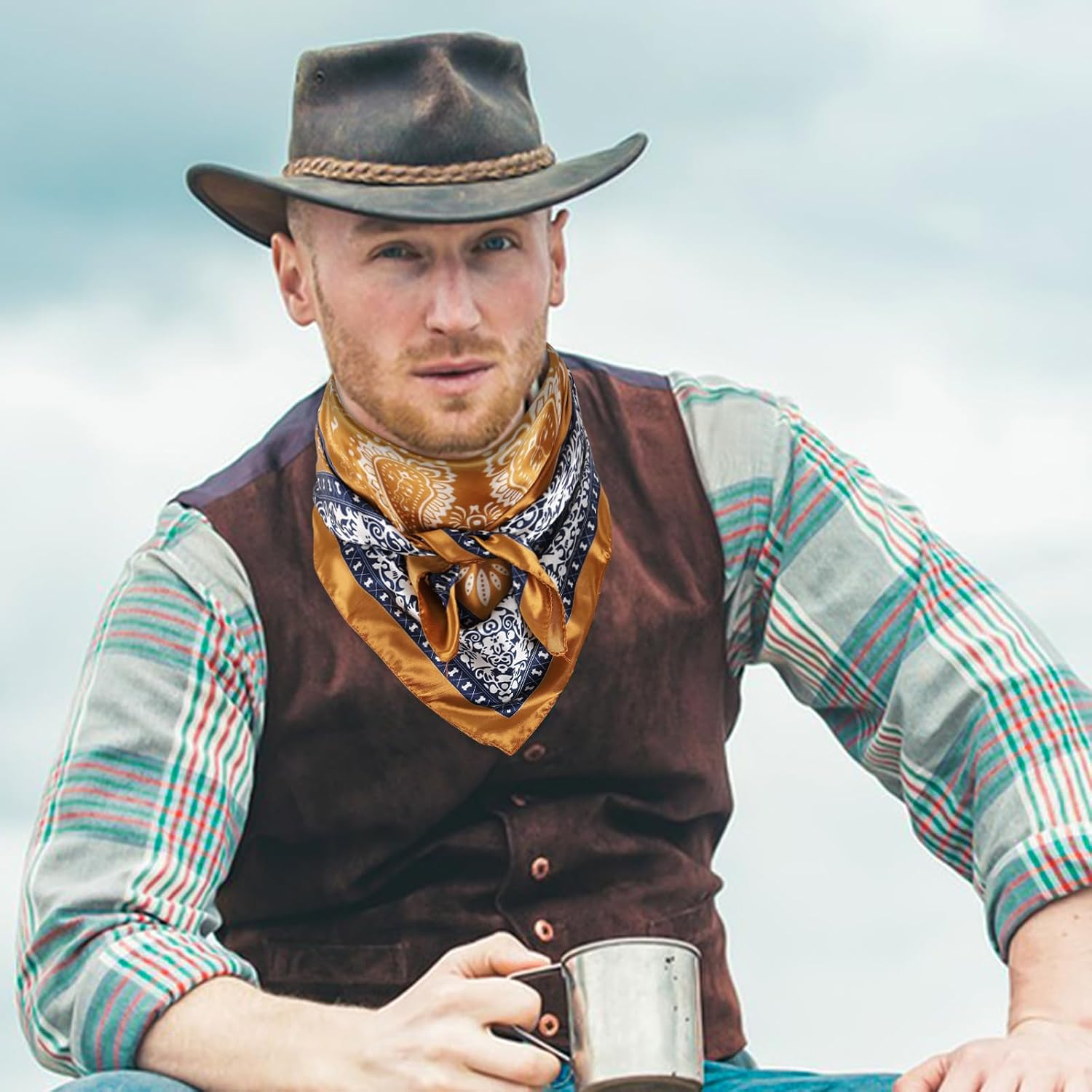 GERINLY 35 Inch Wild Rag Cowboy Scarves for Men, Large Rancher Neckerchief Silk Feel, Oversize Western Bandana - Blue image number 2