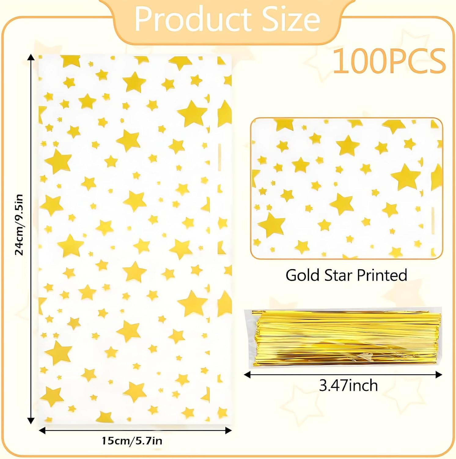 SYTHAK Cellophane Treat Bags,100 PCS Star Candy Bags with Twist Ties,Goodie Gift Wrap Cookie Cello Bag for Valentine, Birthday,Christmas,Baby Shower, Wedding Party Favor Supplies (Gold) image number 2
